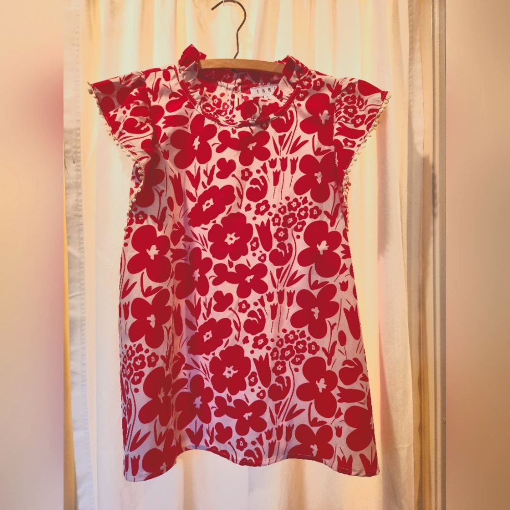 Red Floral Print Flutter Sleeve Top – Women US Large